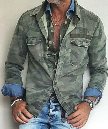 Vintage Camouflage Lapel Single Breasted Shirt