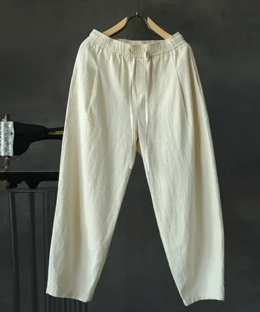 Vintage Beige Loose Cotton And Linen Casual Trousers