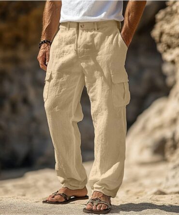 Men's cotton and linen multi-pocket straight pants