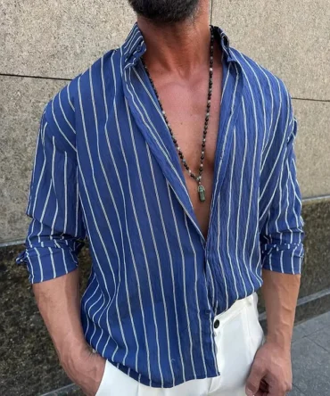 Men's Striped Loose Lapel Long Sleeve Casual Shirt