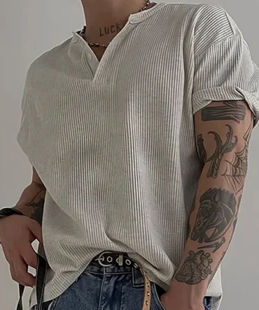 Men's Henley Neck Waffle Short Sleeve T-Shirt
