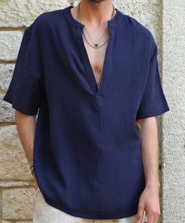 Men's Blue Gauze Organic Cotton Henley Collar Shirt