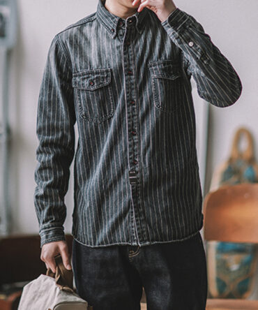 Retro Heavy Vertical Striped Denim Casual Shirt