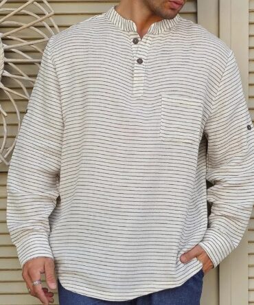 Men's Striped Cotton Linen Stand Collar Henley Shirt