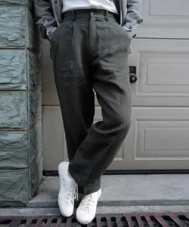 Men's Army Green Natural Linen Double Pleated Trousers