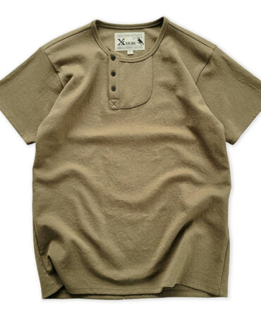 Vintage Khaki Henley Collar Cotton Short Sleeve Casual T-Shirt