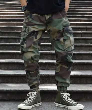 Men's Cotton Multi-Pocket Belt Camouflage Workwear Pants