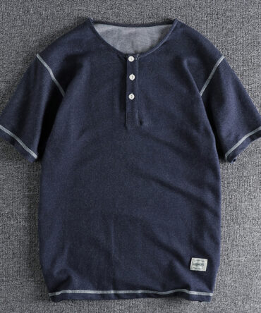 Vintage Henley Collar Denim Short Sleeve T-Shirt