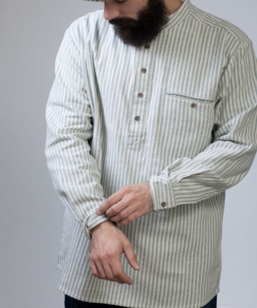 Men's Green Striped Stand Collar Cotton Shirt