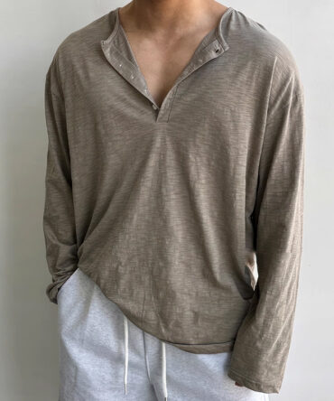 Loose Breathable Henley Collar Men's Long Sleeve T-Shirt