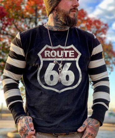 Route 66 Retro Striped Long Sleeve Casual T-shirt