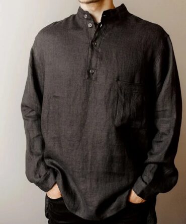 Men's Charcoal Linen Henley Shirt