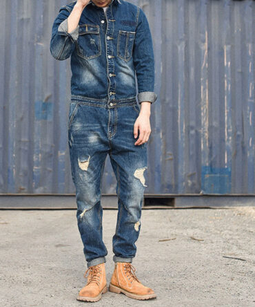 American Dark Blue Distressed Washed Denim Jumpsuit