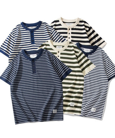 Casual 240g Heavyweight Striped Henley Neck T-Shirt